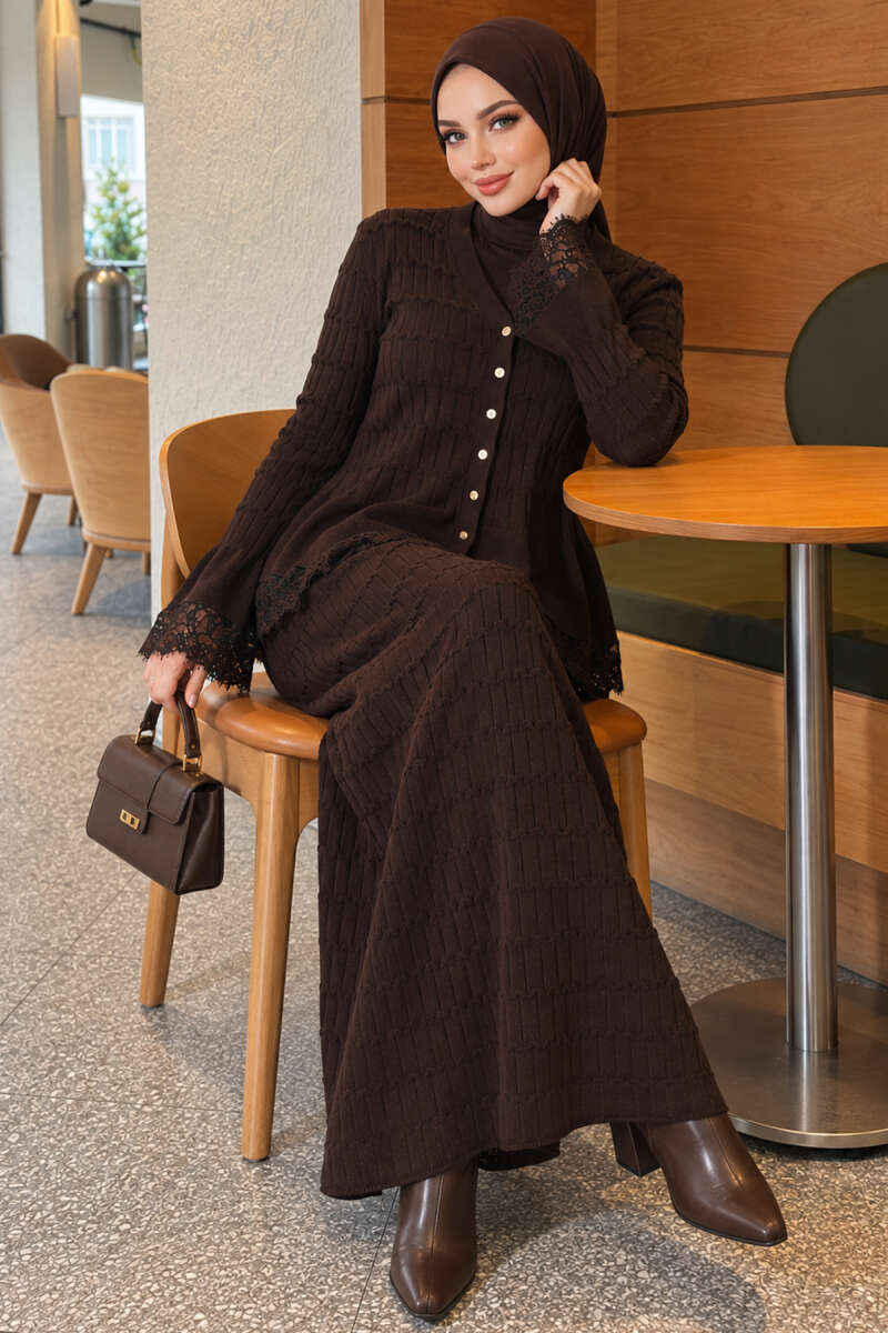 Two-Piece Skirt Set with Lace Detail - Brown