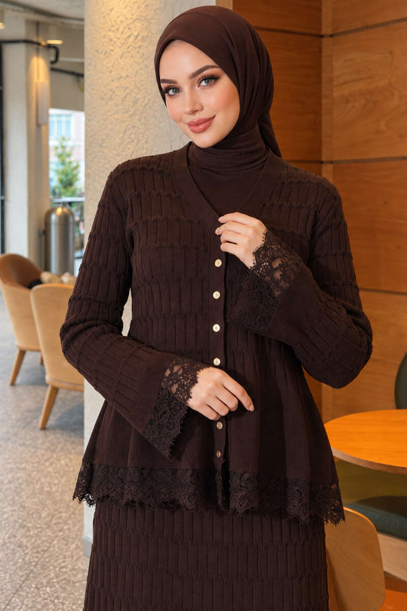 Two-Piece Skirt Set with Lace Detail - Brown