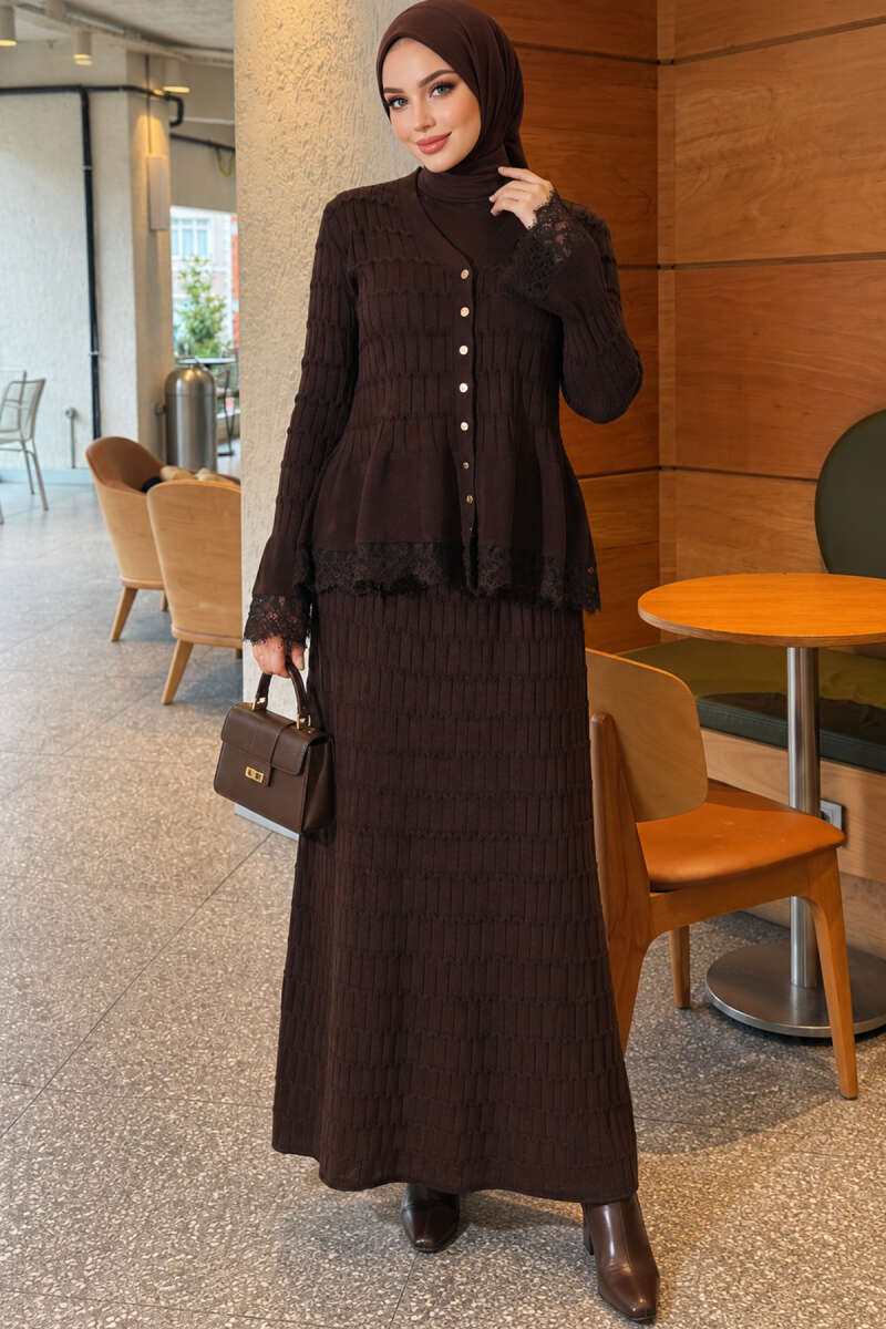 Two-Piece Skirt Set with Lace Detail - Brown