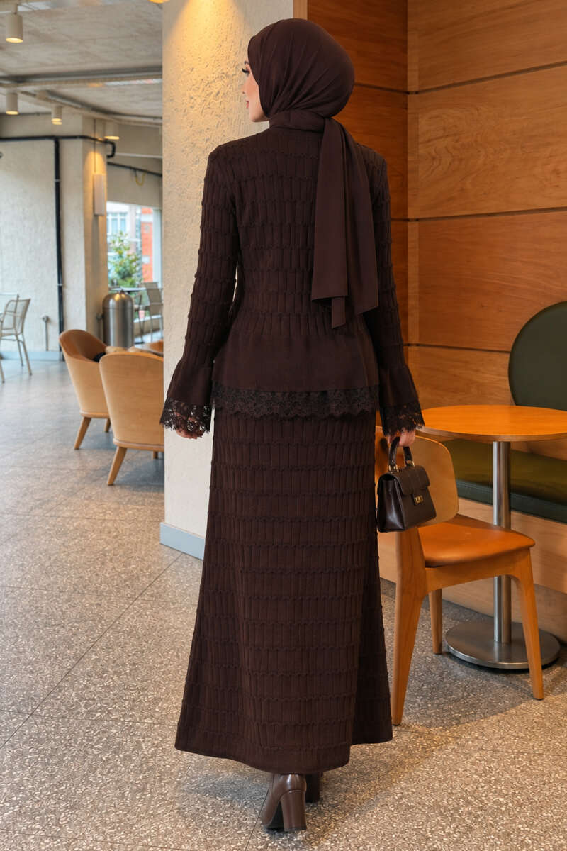Two-Piece Skirt Set with Lace Detail - Brown