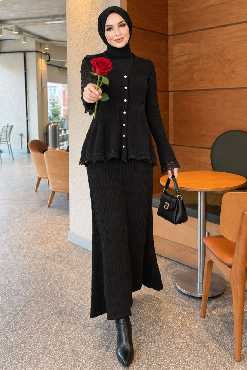 Two-Piece Skirt Set with Lace Detail - Black