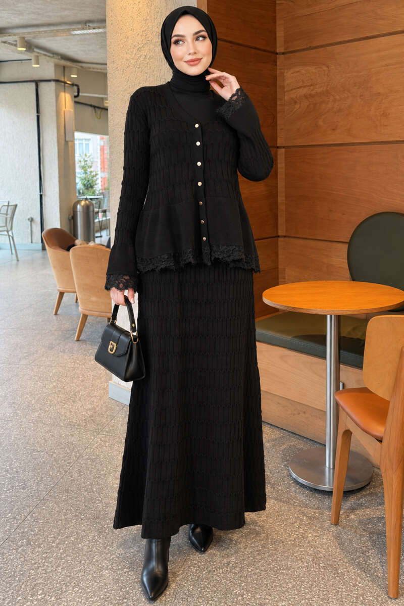 Two-Piece Skirt Set with Lace Detail - Black