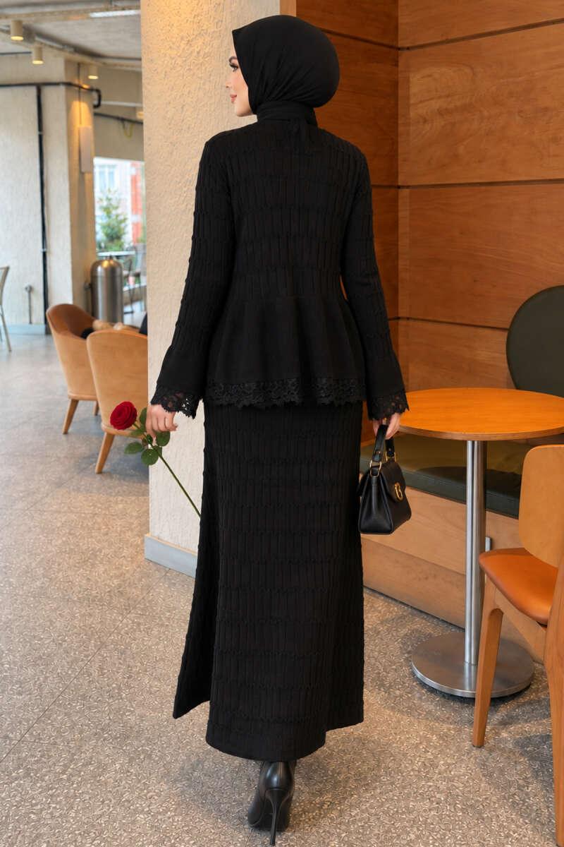 Two-Piece Skirt Set with Lace Detail - Black