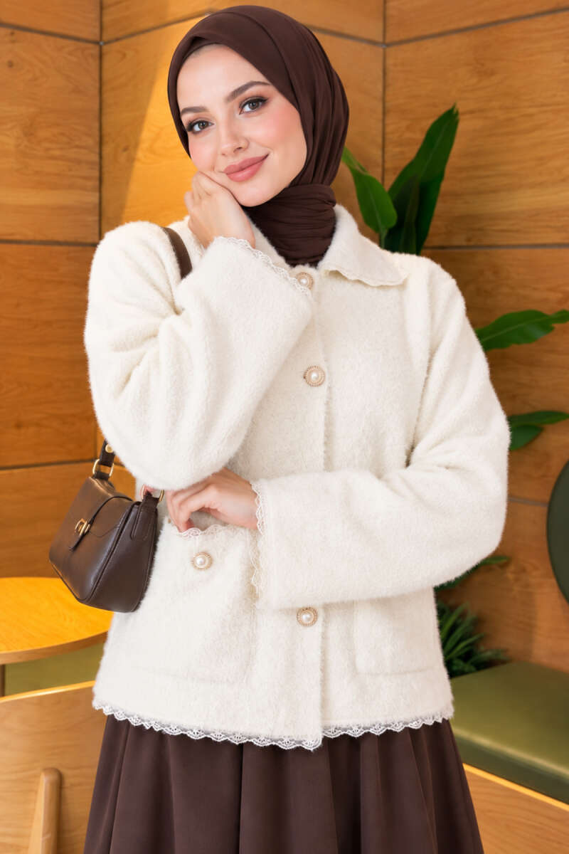 Brushed Cardigan with Lace and Pearl Buttons - Ecru