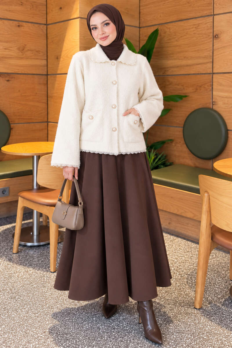 Brushed Cardigan with Lace and Pearl Buttons - Ecru