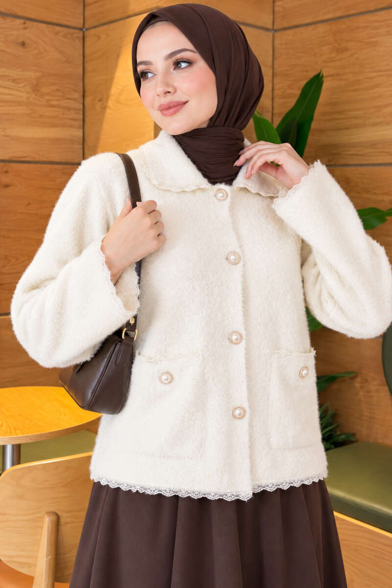 Brushed Cardigan with Lace and Pearl Buttons - Ecru