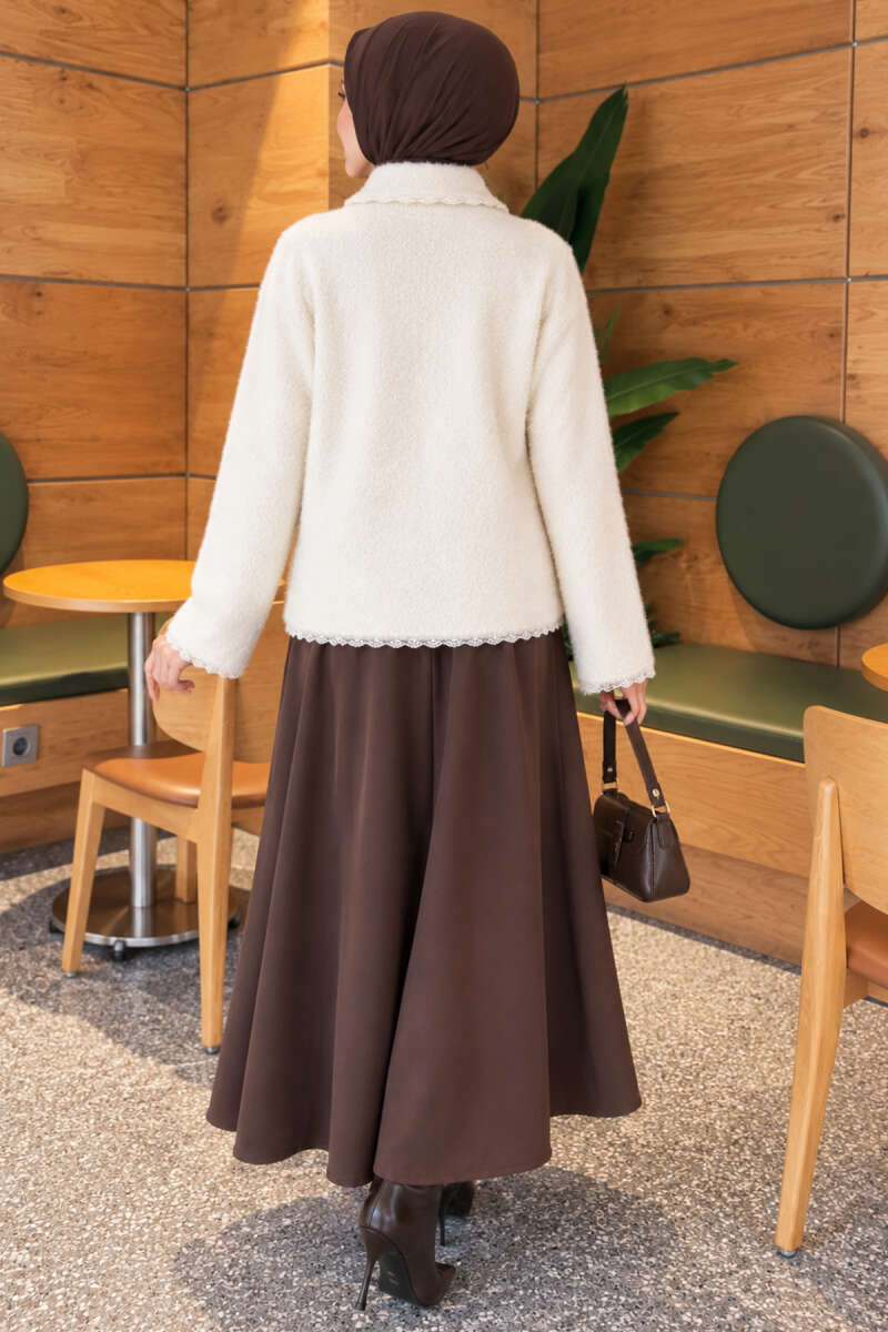 Brushed Cardigan with Lace and Pearl Buttons - Ecru