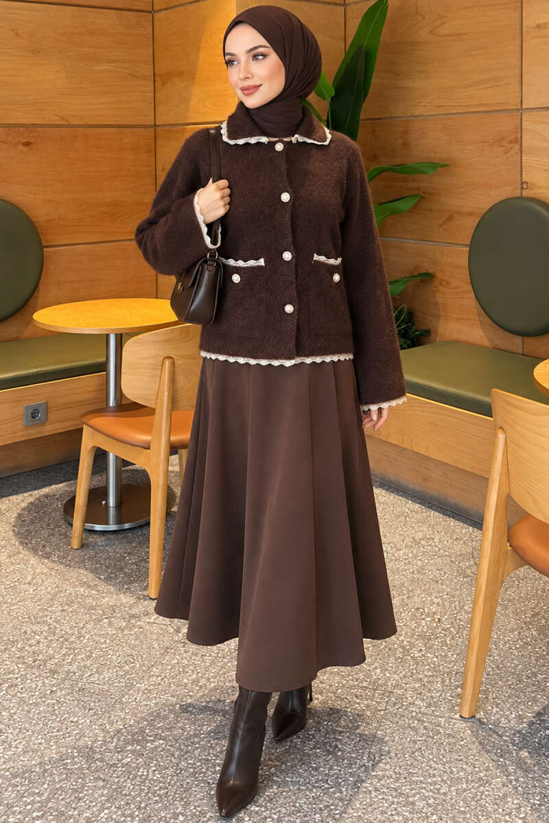 Brushed Cardigan with Lace and Pearl Buttons - Brown