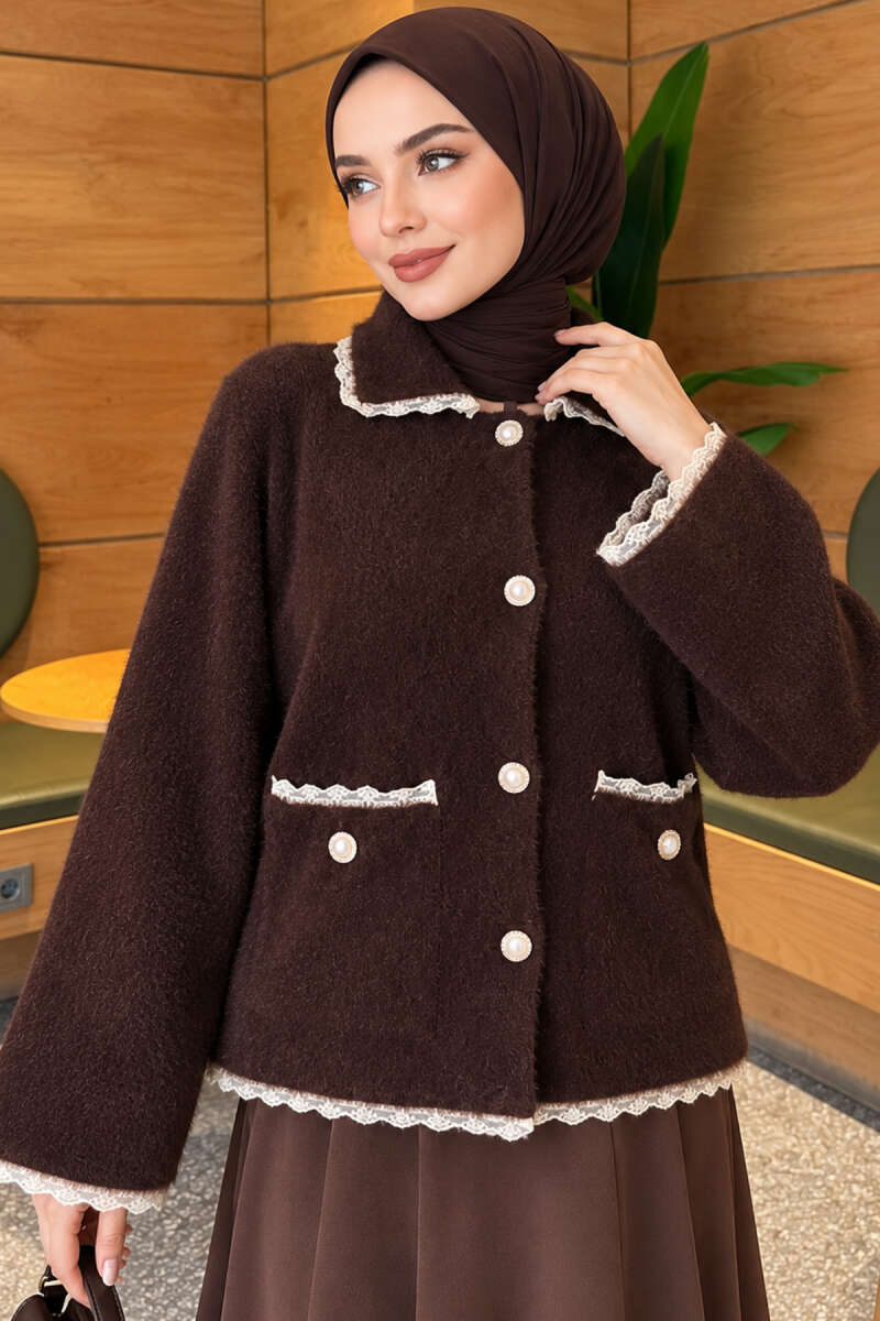 Brushed Cardigan with Lace and Pearl Buttons - Brown