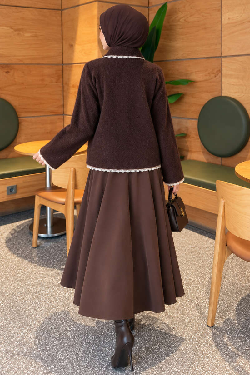 Brushed Cardigan with Lace and Pearl Buttons - Brown