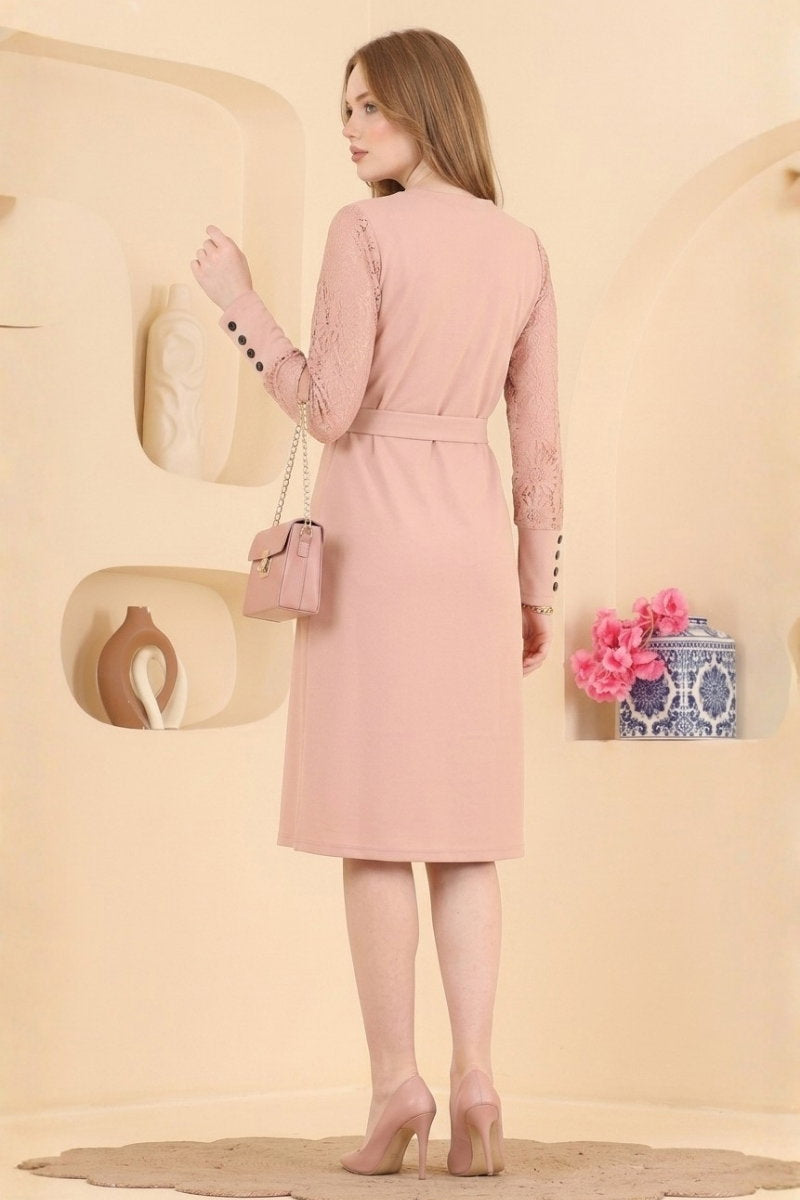 Belted Knit Dress with Lace Detail - Powder