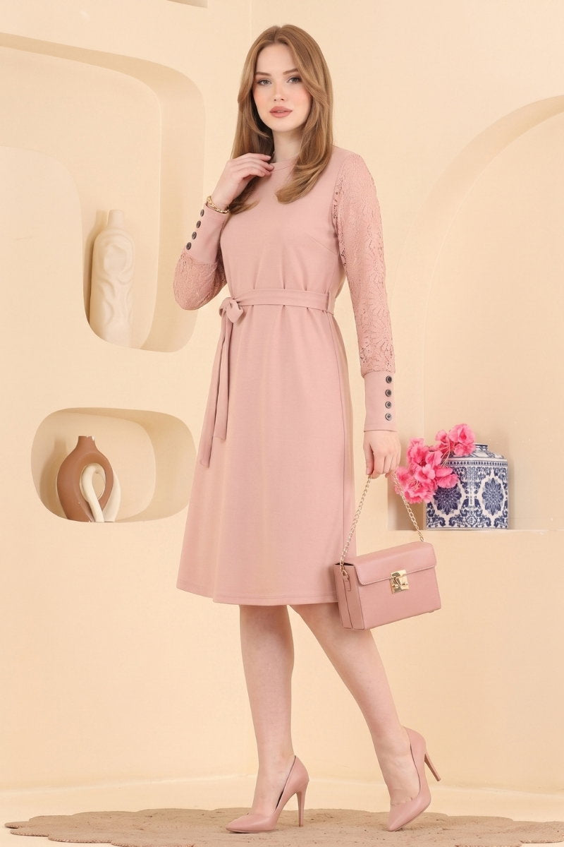 Belted Knit Dress with Lace Detail - Powder