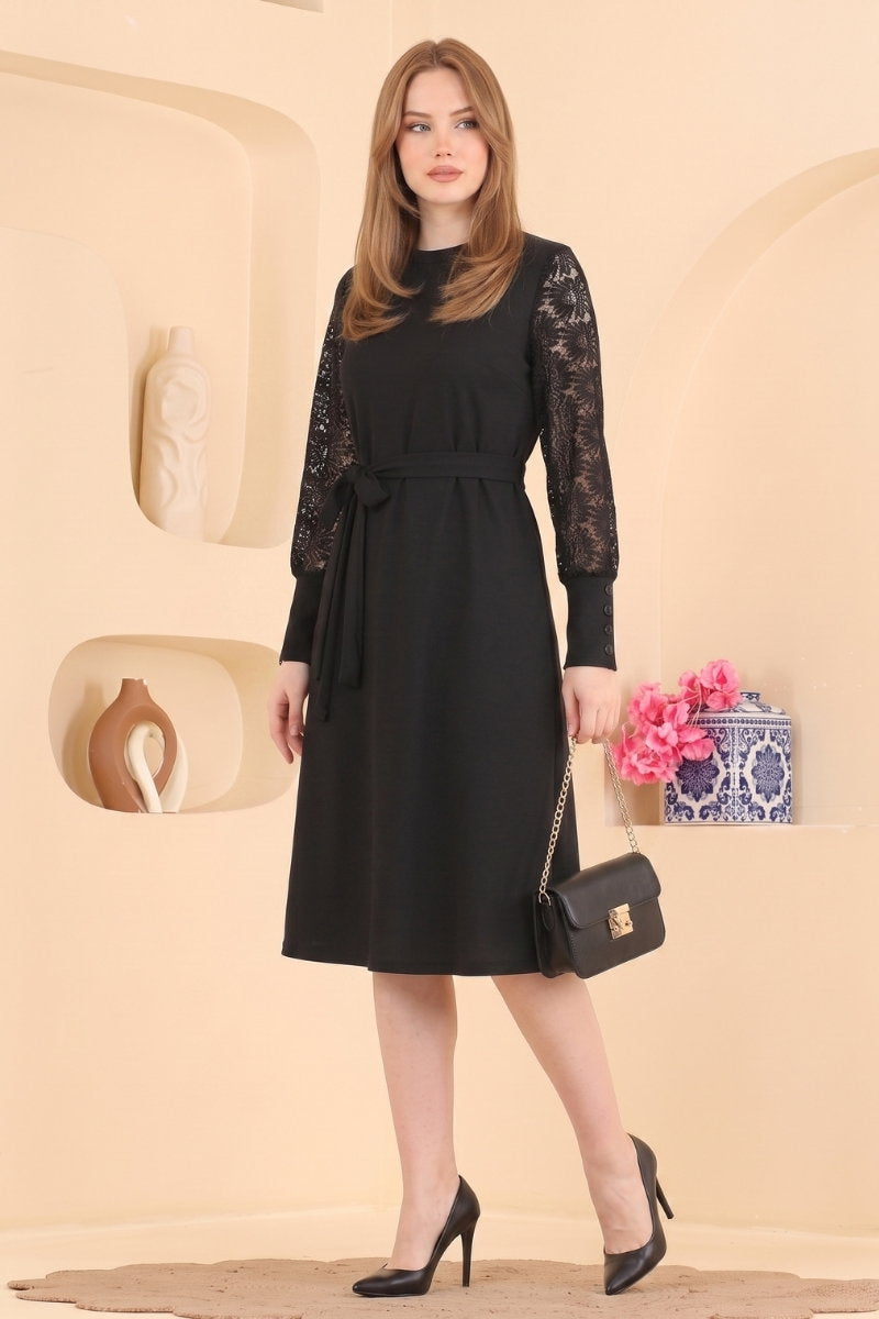 Belted Knit Dress with Lace Detail - Black