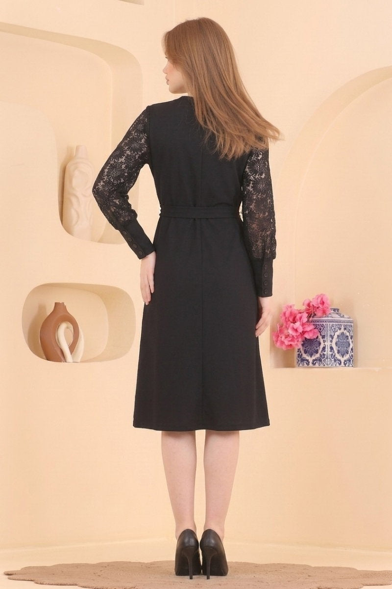 Belted Knit Dress with Lace Detail - Black