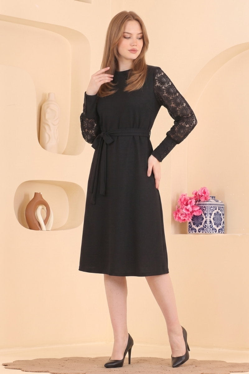 Belted Knit Dress with Lace Detail - Black