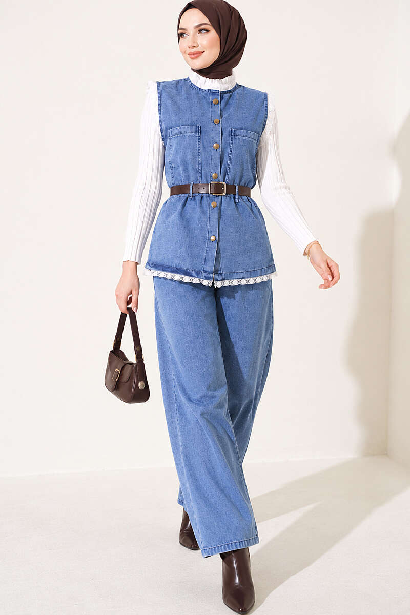 Belted Denim Two-Piece Set with Lace Detail - Denim Blue