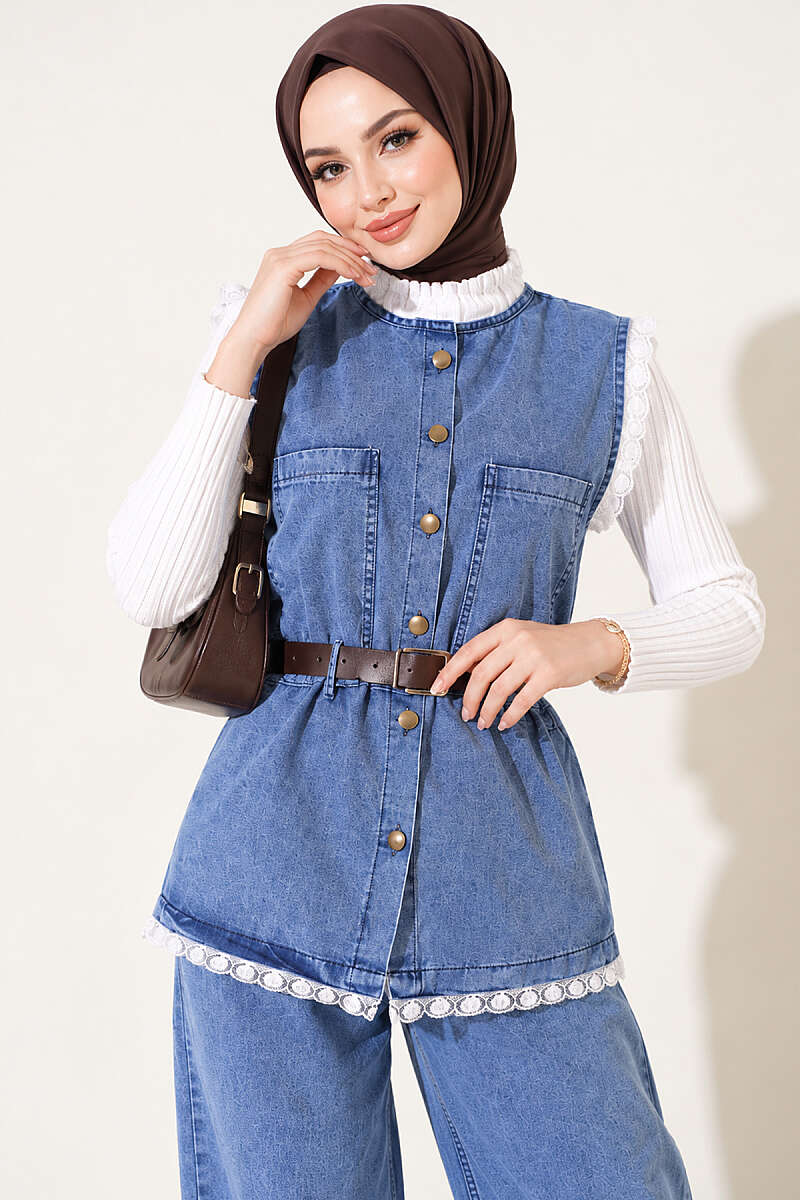 Belted Denim Two-Piece Set with Lace Detail - Denim Blue