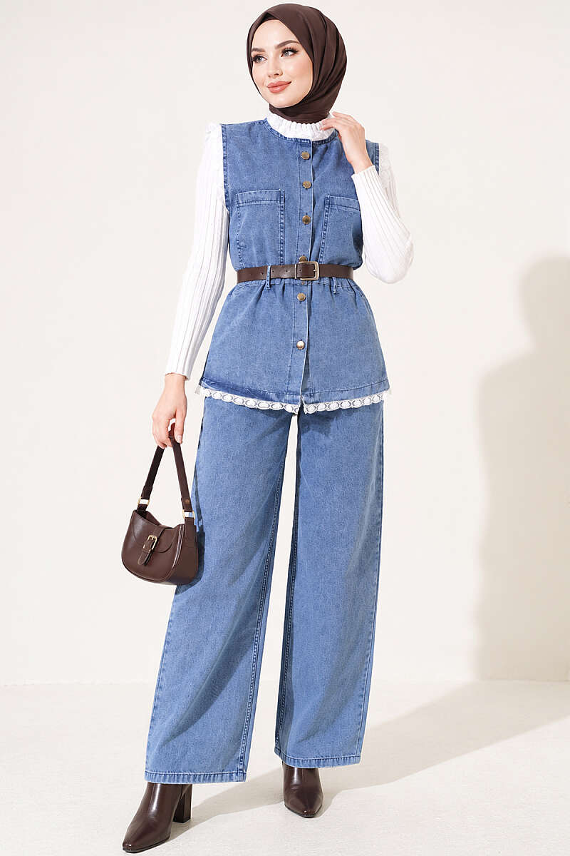 Belted Denim Two-Piece Set with Lace Detail - Denim Blue