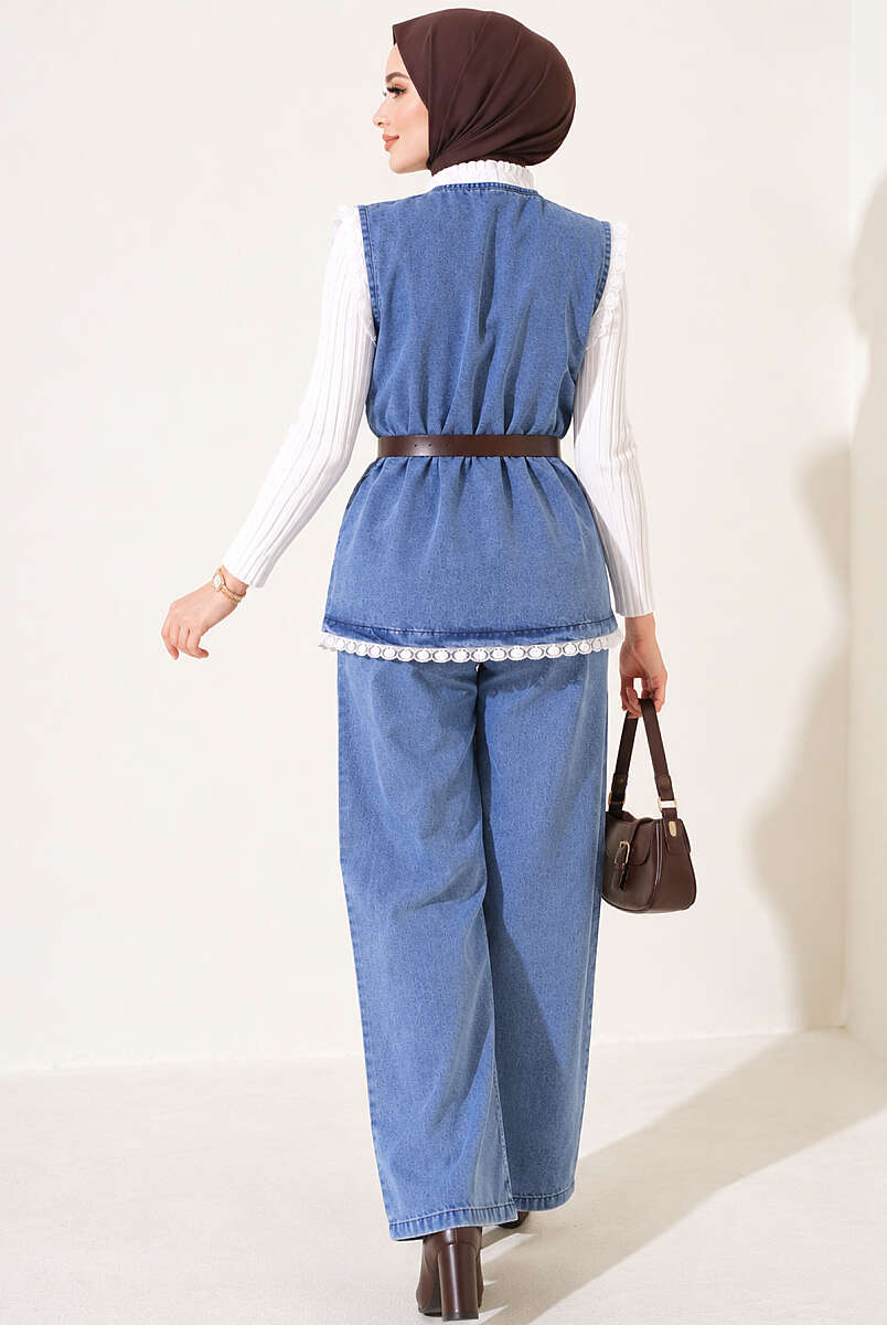 Belted Denim Two-Piece Set with Lace Detail - Denim Blue