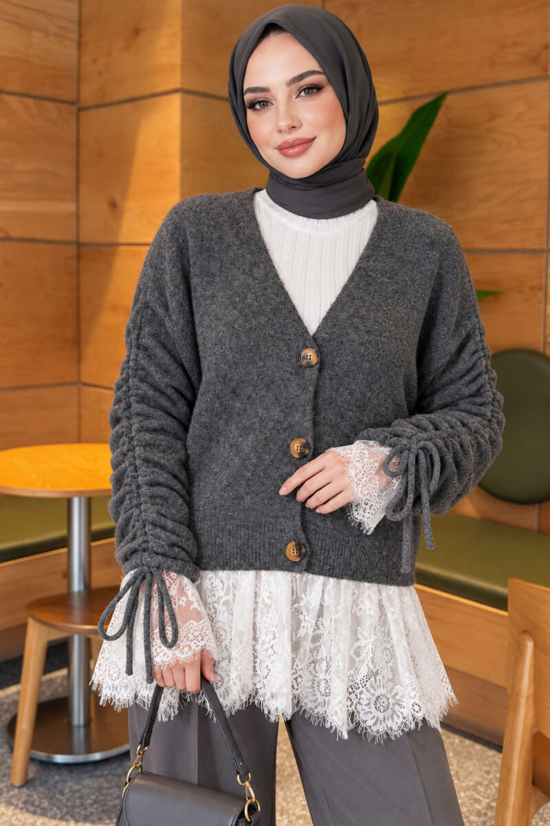 Knit Cardigan with Lace and Gathered Sleeves - Charcoal