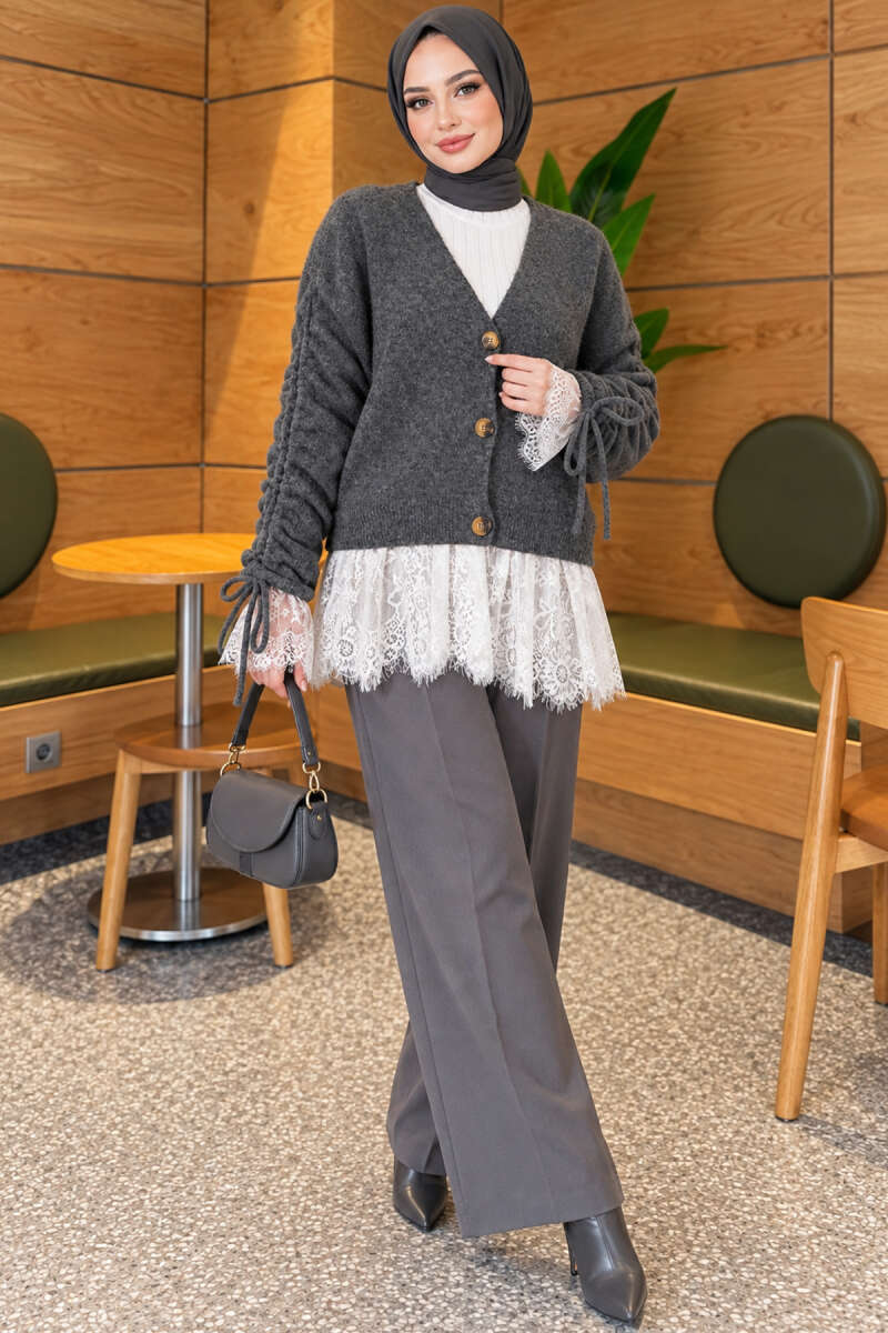 Knit Cardigan with Lace and Gathered Sleeves - Charcoal