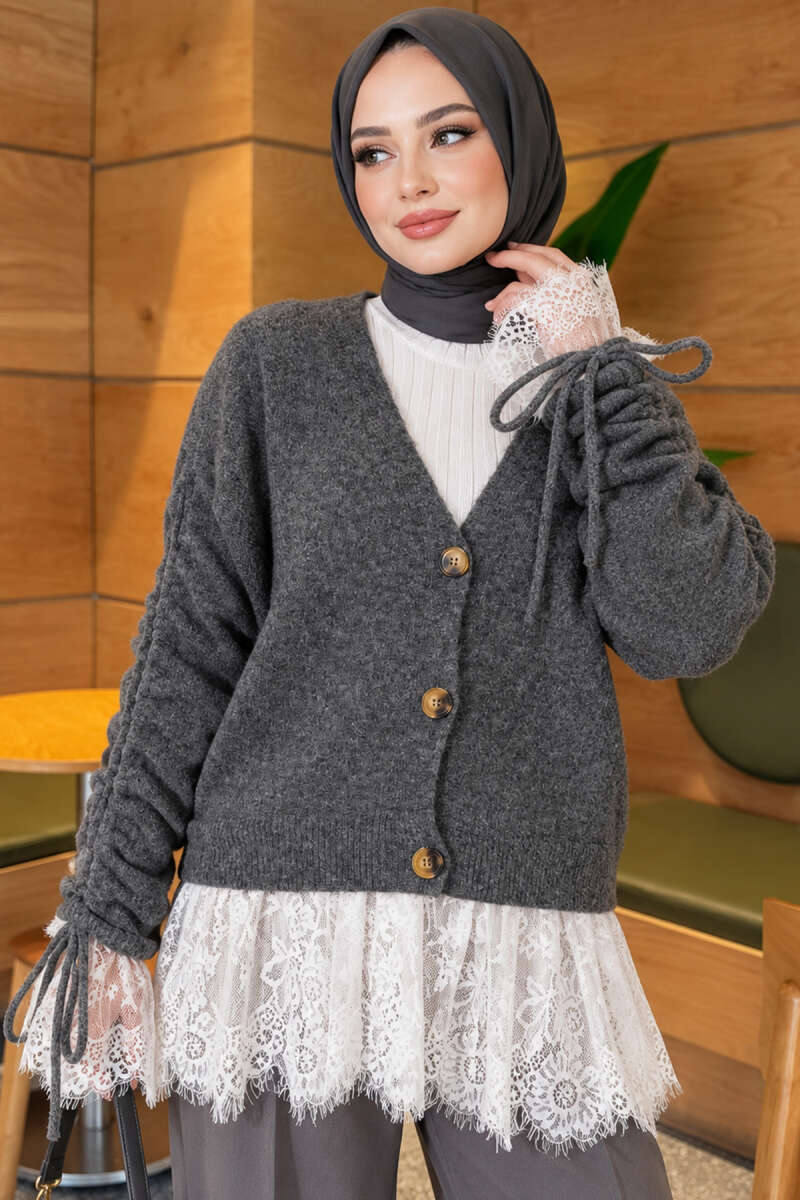 Knit Cardigan with Lace and Gathered Sleeves - Charcoal