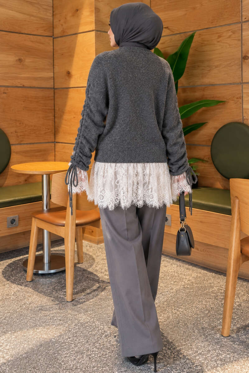 Knit Cardigan with Lace and Gathered Sleeves - Charcoal