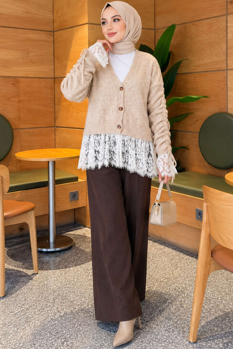 Knit Cardigan with Lace and Gathered Sleeves - Beige