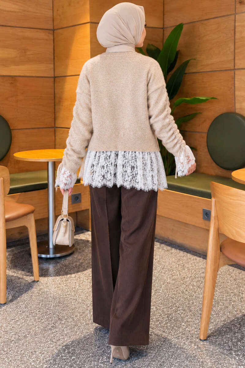 Knit Cardigan with Lace and Gathered Sleeves - Beige