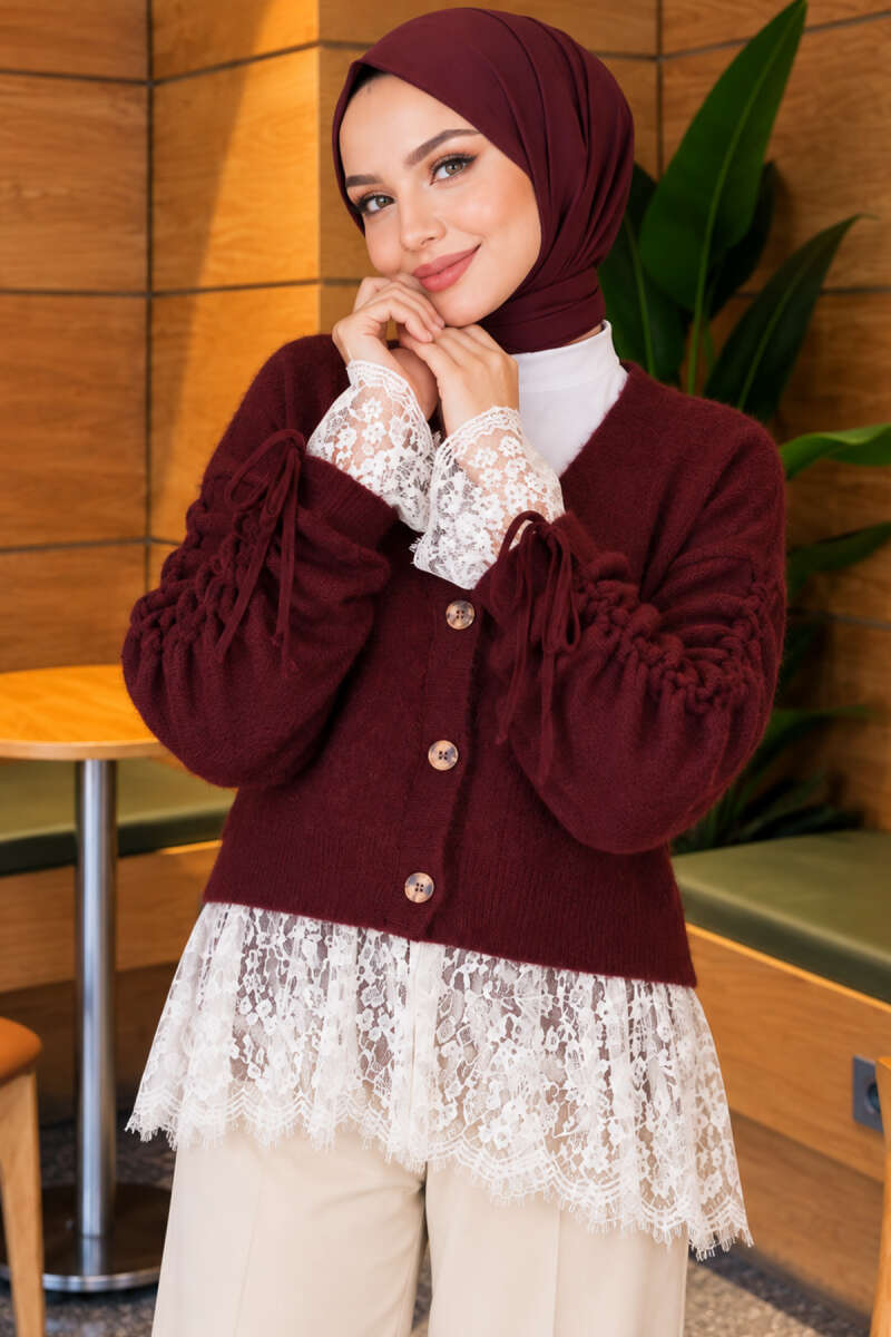 Knit Cardigan with Lace and Gathered Sleeves - Burgundy