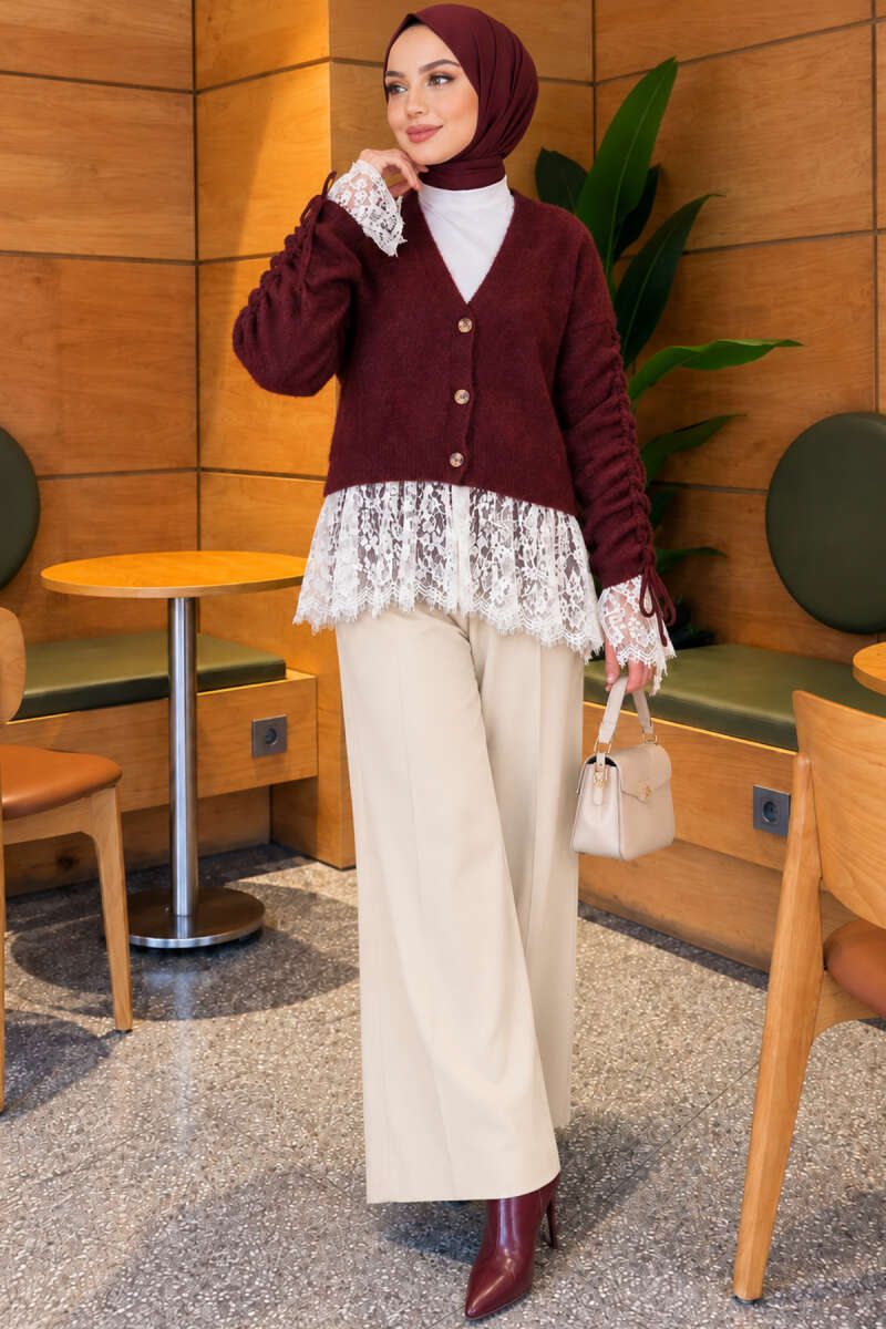 Knit Cardigan with Lace and Gathered Sleeves - Burgundy