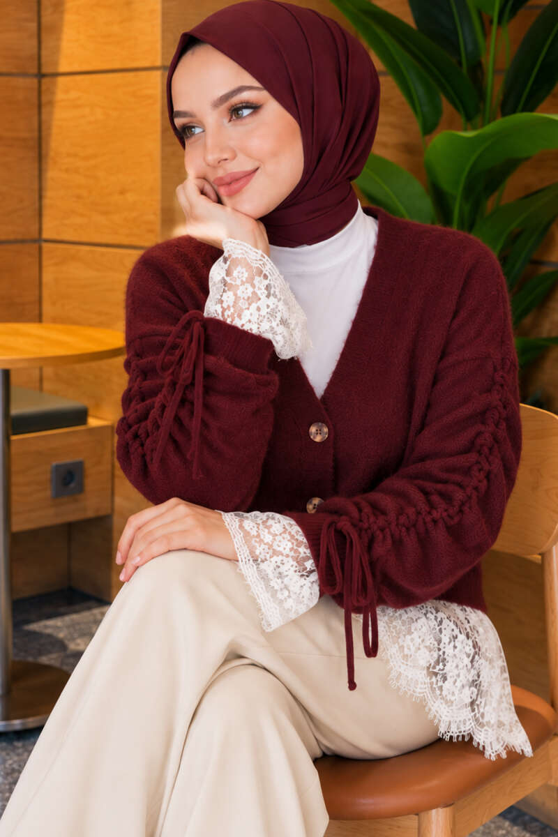 Knit Cardigan with Lace and Gathered Sleeves - Burgundy