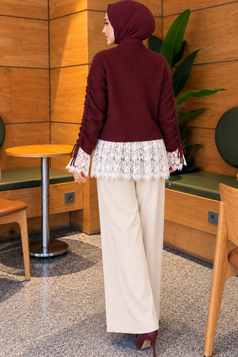 Knit Cardigan with Lace and Gathered Sleeves - Burgundy