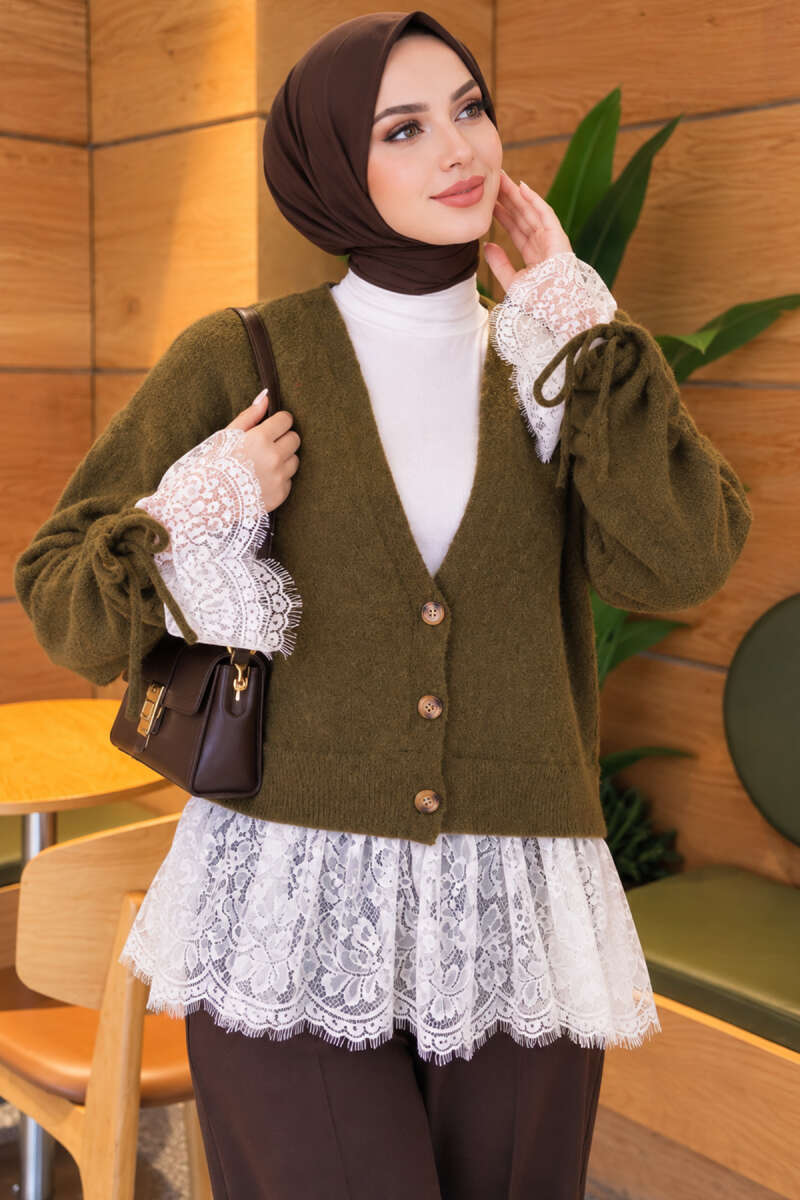 Knit Cardigan with Lace and Gathered Sleeves - Khaki