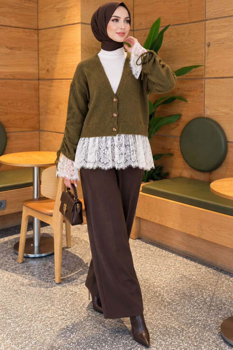 Knit Cardigan with Lace and Gathered Sleeves - Khaki
