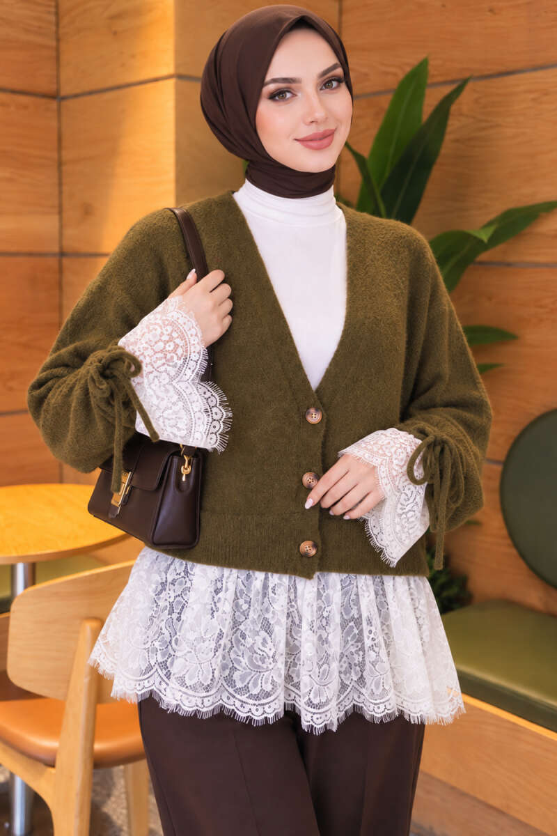 Knit Cardigan with Lace and Gathered Sleeves - Khaki