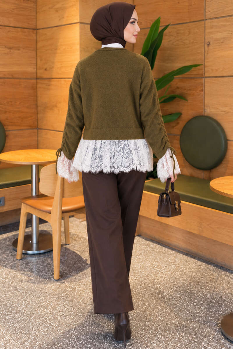 Knit Cardigan with Lace and Gathered Sleeves - Khaki