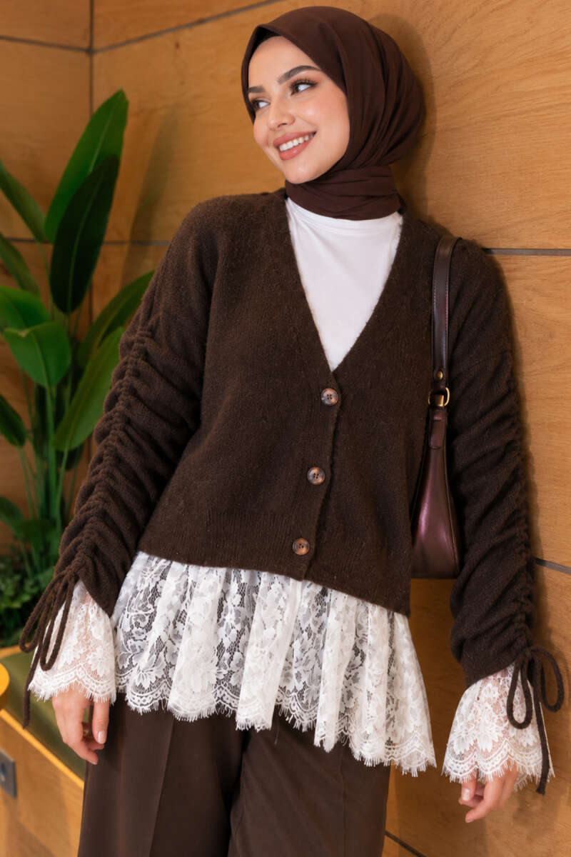 Knit Cardigan with Lace and Gathered Sleeves - Brown
