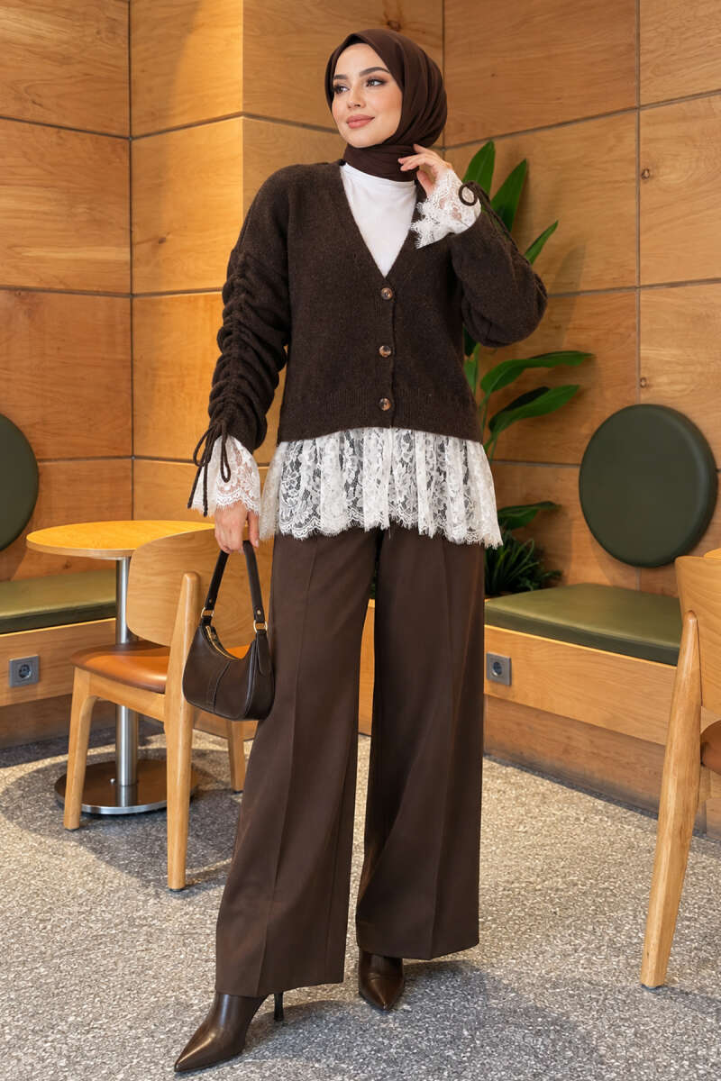 Knit Cardigan with Lace and Gathered Sleeves - Brown