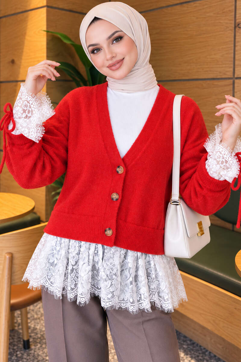 Knit Cardigan with Lace and Gathered Sleeves - Red