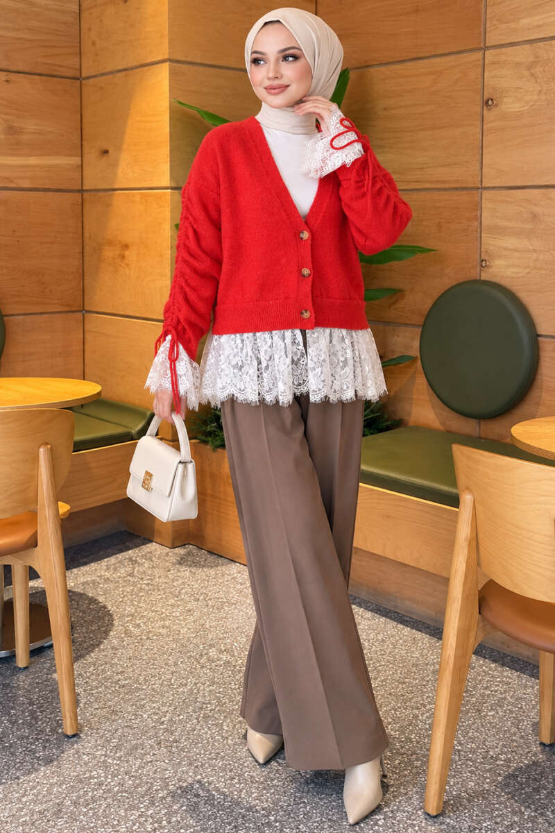 Knit Cardigan with Lace and Gathered Sleeves - Red