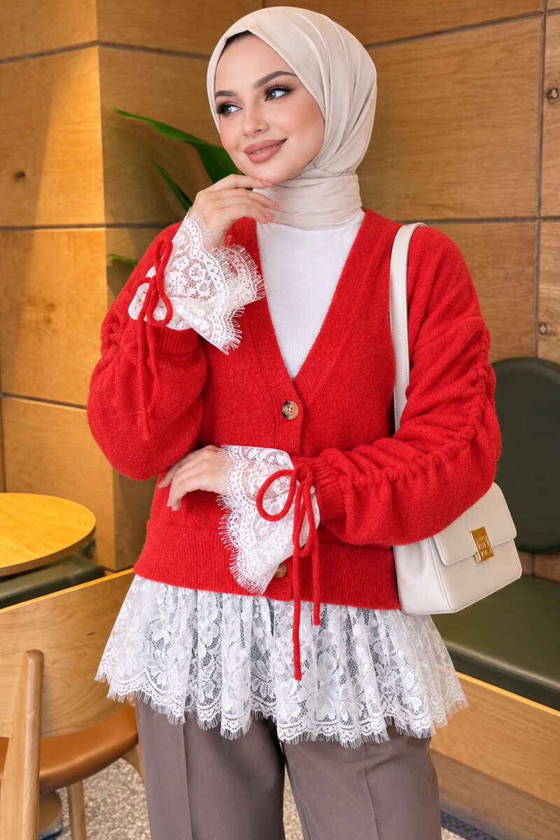 Knit Cardigan with Lace and Gathered Sleeves - Red
