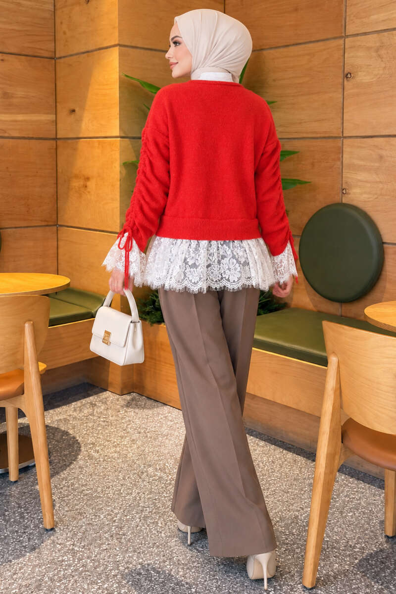 Knit Cardigan with Lace and Gathered Sleeves - Red