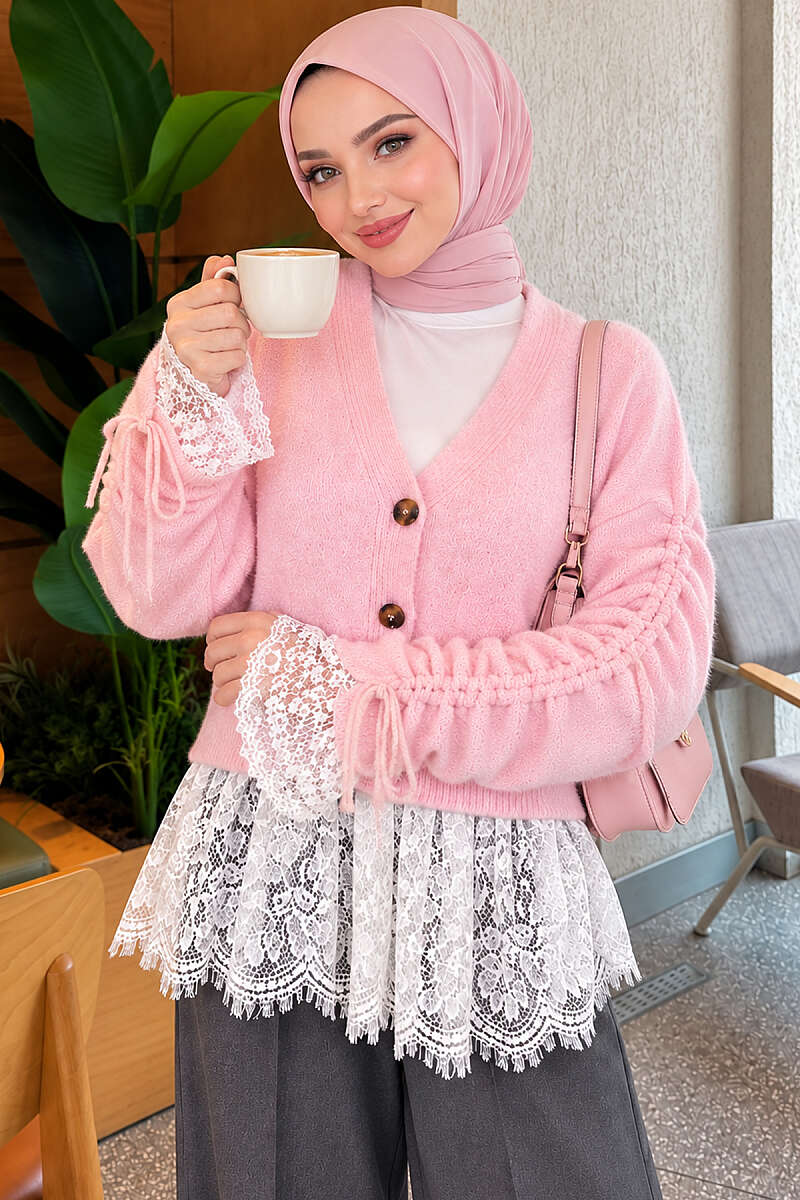 Knit Cardigan with Lace and Gathered Sleeves - Pink