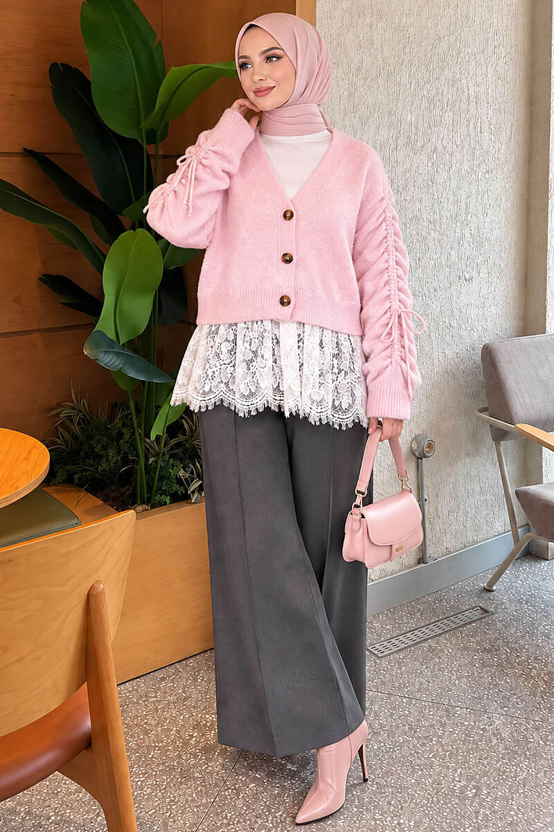 Knit Cardigan with Lace and Gathered Sleeves - Pink