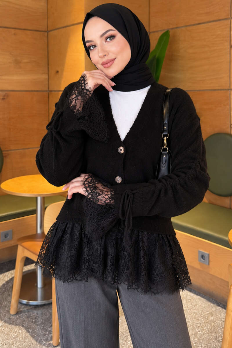 Knit Cardigan with Lace and Gathered Sleeves - Black
