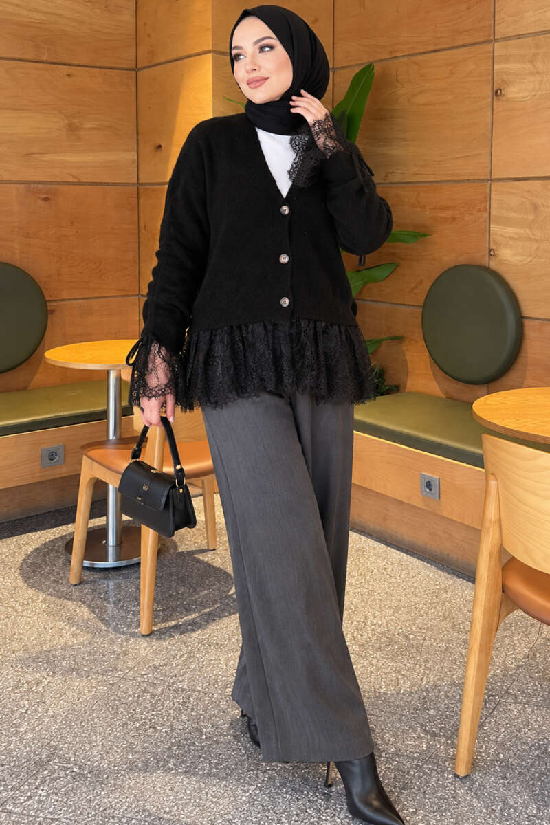 Knit Cardigan with Lace and Gathered Sleeves - Black