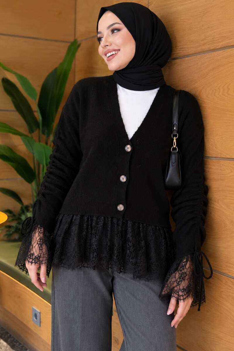 Knit Cardigan with Lace and Gathered Sleeves - Black