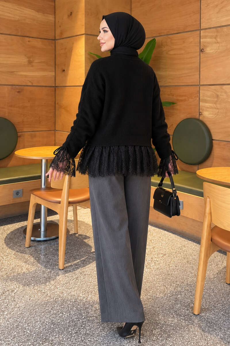 Knit Cardigan with Lace and Gathered Sleeves - Black