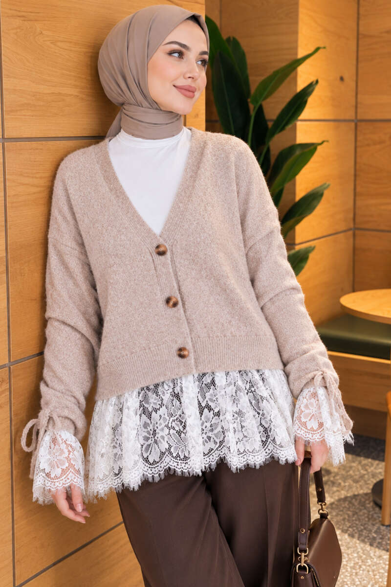 Knit Cardigan with Lace and Gathered Sleeves - Stone
